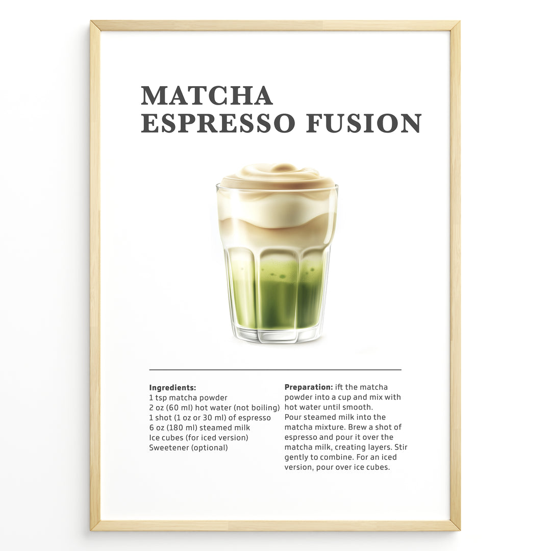 Matcha espresso fusion recipe illustration with layered matcha, milk, and espresso.