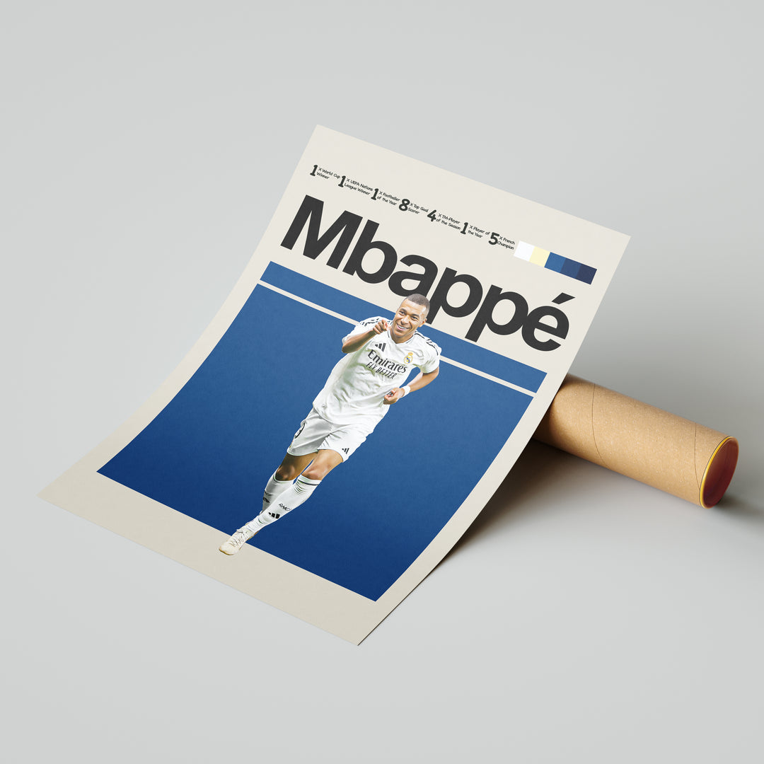 Kylian Mbappé fodbold plakat | Real Madrid trøje i hvid med jubelscene – perfekt til fans af herrefodbold og Galácticos
