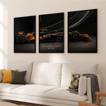 Indlæs billede til gallerivisning Triptych wall art plakat of the McLaren F1 Team MCL38 Formula 1 car displayed in a stylish living room with black leather furniture.
