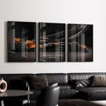 Indlæs billede til gallerivisning Triptych wall art plakat of the McLaren F1 Team MCL38 Formula 1 car displayed in a stylish living room with black leather furniture.
