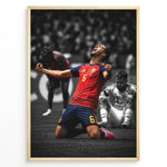 Indlæs billede til gallerivisning Mikel Merino plakat i Spaniens landsholdstrøje med moderne sort-hvid baggrund og jubelscene
