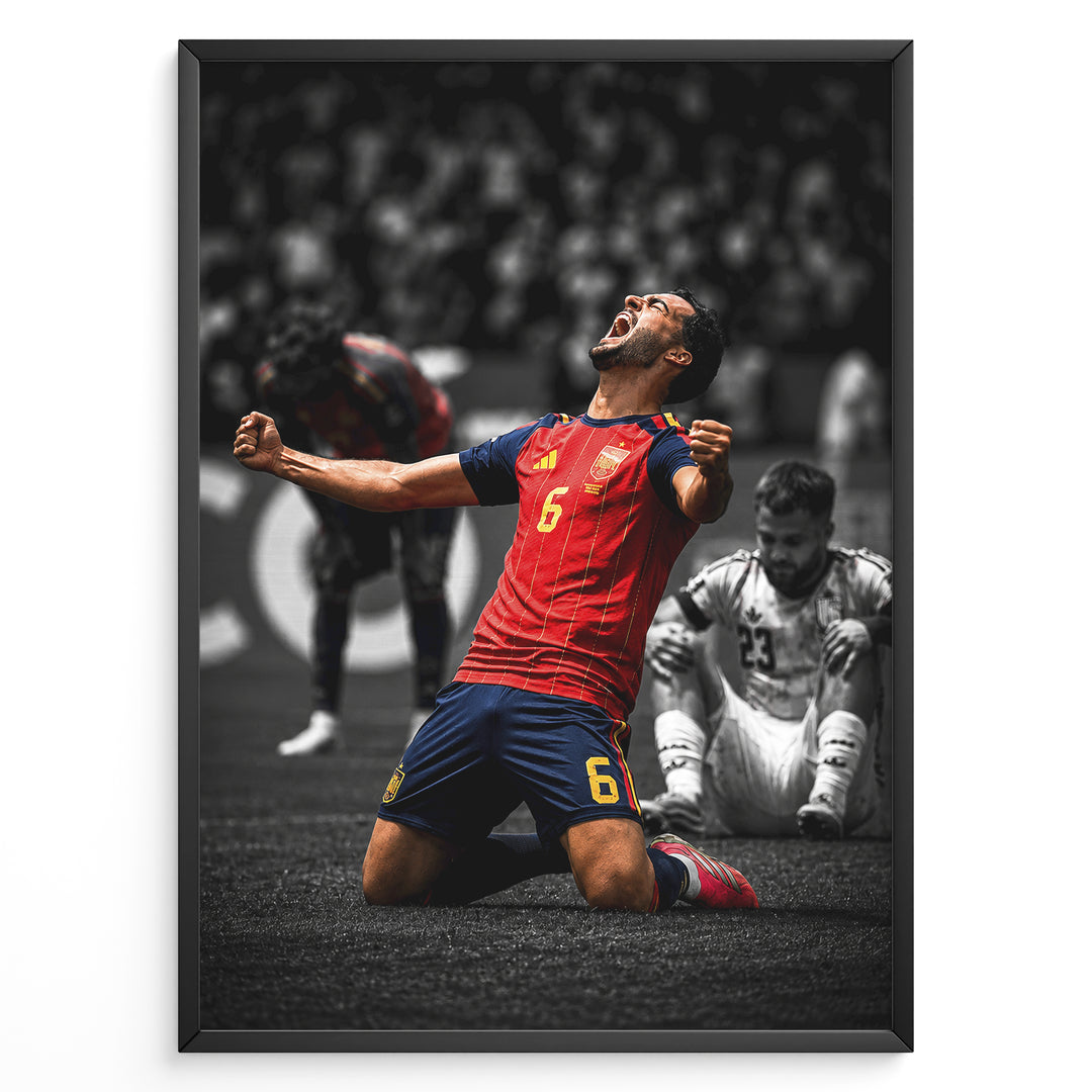 Mikel Merino plakat i Spaniens landsholdstrøje med moderne sort-hvid baggrund og jubelscene