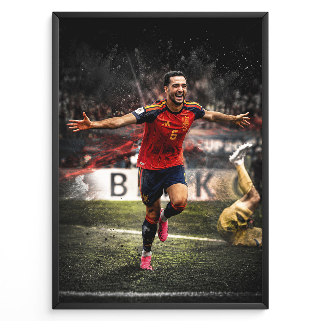Mikel Merino plakat i Spaniens landsholdstrøje med moderne sort-hvid baggrund og jubelscene
