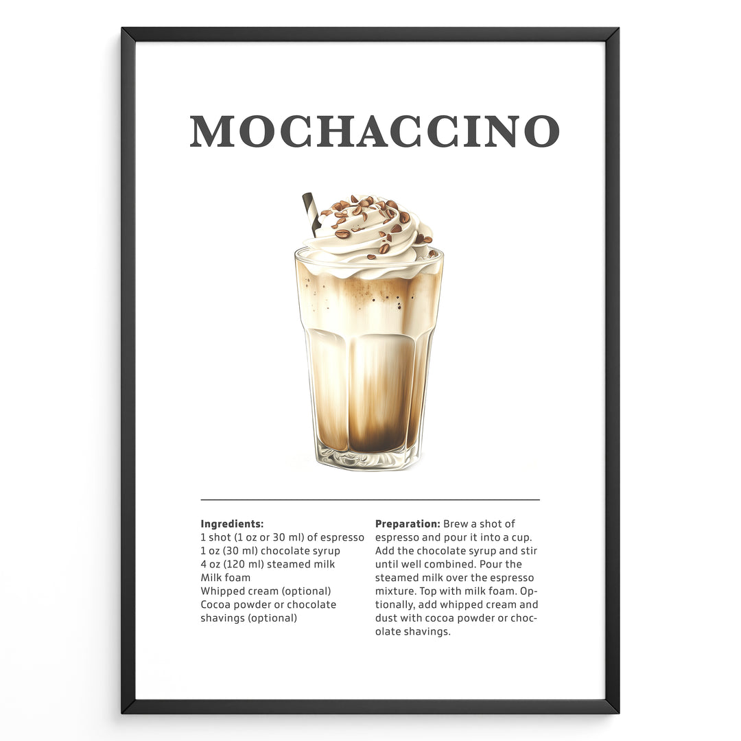 Mochaccino coffee recipe illustration with espresso, chocolate syrup, steamed milk, milk foam, and whipped cream.