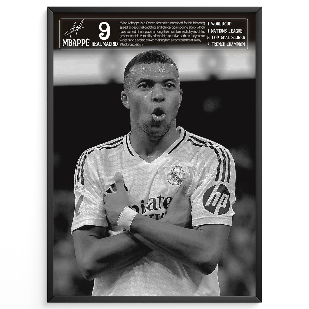 Kylian Mbappé Fodbold Plakat | Til Real Madrid Fans | Denne plakat viser Kylian Mbappé i en ikonisk Real Madrid trøje, klar til at score mål. Perfekt til fodboldfans og specielt Real Madrid entusiaster.