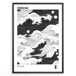 Indlæs billede til gallerivisning Japanske plakater | Minimalist black and white wave illustration inspired by Hokusai&#39;s Great Wave, framed as a modern poster with Japanese text at the bottom.
