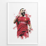 Indlæs billede til gallerivisning Watercolor-style framed plakat of Mohamed Salah celebrating in a Liverpool FC jersey
