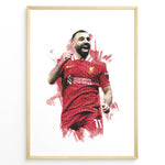Indlæs billede til gallerivisning Watercolor-style framed plakat of Mohamed Salah celebrating in a Liverpool FC jersey
