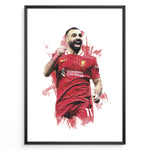 Indlæs billede til gallerivisning Watercolor-style framed plakat of Mohamed Salah celebrating in a Liverpool FC jersey
