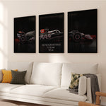Indlæs billede til gallerivisning Triptych wall art plakat of the MoneyGram Haas F1 Team VF-24 Formula 1 car displayed in a modern black leather-furnished living room.
