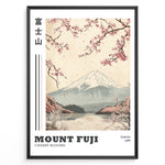 Indlæs billede til gallerivisning Japanske plakater | Vintage-style illustration of Mount Fuji with cherry blossoms falling over a peaceful lake and distant forest, featuring the text “Tokyo 1988.”
