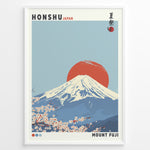 Indlæs billede til gallerivisning Japanske plakater | Japanese-style poster of Mount Fuji with a red sun in the background and cherry blossoms in the foreground, featuring the text &quot;Honshu Japan&quot; and &quot;Mount Fuji.&quot;
