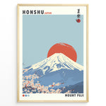 Indlæs billede til gallerivisning Japanske plakater | Japanese-style poster of Mount Fuji with a red sun in the background and cherry blossoms in the foreground, featuring the text &quot;Honshu Japan&quot; and &quot;Mount Fuji.&quot;
