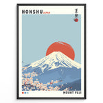 Indlæs billede til gallerivisning Japanske plakater | Japanese-style poster of Mount Fuji with a red sun in the background and cherry blossoms in the foreground, featuring the text &quot;Honshu Japan&quot; and &quot;Mount Fuji.&quot;
