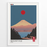 Indlæs billede til gallerivisning Japanske plakater | Minimalist poster of Mount Fuji at sunset with a red sun in the sky, trees and houses in the foreground, and soft pink and blue tones creating a tranquil Japanese landscape.
