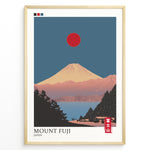 Indlæs billede til gallerivisning Japanske plakater | Minimalist poster of Mount Fuji at sunset with a red sun in the sky, trees and houses in the foreground, and soft pink and blue tones creating a tranquil Japanese landscape.
