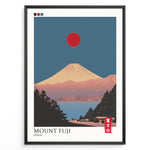 Indlæs billede til gallerivisning Japanske plakater | Minimalist poster of Mount Fuji at sunset with a red sun in the sky, trees and houses in the foreground, and soft pink and blue tones creating a tranquil Japanese landscape.
