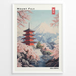 Indlæs billede til gallerivisning Japanske plakater | Illustration of Mount Fuji with the red Chureito Pagoda and blooming cherry blossom trees beside a river in a serene Japanese landscape.
