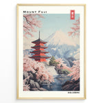 Indlæs billede til gallerivisning Japanske plakater | Illustration of Mount Fuji with the red Chureito Pagoda and blooming cherry blossom trees beside a river in a serene Japanese landscape.
