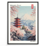 Indlæs billede til gallerivisning Japanske plakater | Illustration of Mount Fuji with the red Chureito Pagoda and blooming cherry blossom trees beside a river in a serene Japanese landscape.
