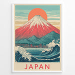 Indlæs billede til gallerivisning Japanske plakater | Framed vintage-style Japanese poster featuring Mount Fuji, Great Wave, red sun, and coastal town scene with “Japan” text.
