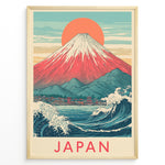 Indlæs billede til gallerivisning Japanske plakater | Framed vintage-style Japanese poster featuring Mount Fuji, Great Wave, red sun, and coastal town scene with “Japan” text.
