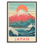 Indlæs billede til gallerivisning Japanske plakater | Framed vintage-style Japanese poster featuring Mount Fuji, Great Wave, red sun, and coastal town scene with “Japan” text.
