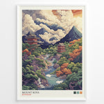 Indlæs billede til gallerivisning Japanske plakater | Colorful illustrated poster of Mount Koya (Koyasan), depicting lush forests, mountain peaks, flowing rivers, and traditional Japanese temples under dramatic cloud-filled skies.
