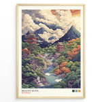 Indlæs billede til gallerivisning Japanske plakater | Colorful illustrated poster of Mount Koya (Koyasan), depicting lush forests, mountain peaks, flowing rivers, and traditional Japanese temples under dramatic cloud-filled skies.
