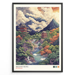 Indlæs billede til gallerivisning Japanske plakater | Colorful illustrated poster of Mount Koya (Koyasan), depicting lush forests, mountain peaks, flowing rivers, and traditional Japanese temples under dramatic cloud-filled skies.
