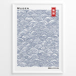 Indlæs billede til gallerivisning Japanske plakater | Minimalist Japanese poster with traditional blue Seigaiha wave patterns and the word &quot;Mugen&quot; (infinity) in Kanji and English.
