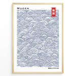 Indlæs billede til gallerivisning Japanske plakater | Minimalist Japanese poster with traditional blue Seigaiha wave patterns and the word &quot;Mugen&quot; (infinity) in Kanji and English.
