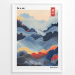 Indlæs billede til gallerivisning Japanske plakater | Framed artwork titled &quot;Nami&quot; showing a stylized Japanese landscape of flowing waves and foliage in blue, red, and yellow tones with intricate line patterns, and Japanese text in the top right and bottom right corners.
