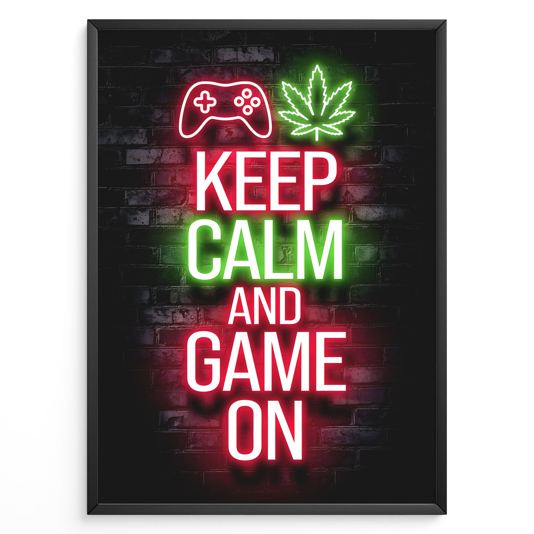 Keep Calm and Game On gaming plakat | Rød og grøn neon med controller og blad mens du nyder en Fortnite session
