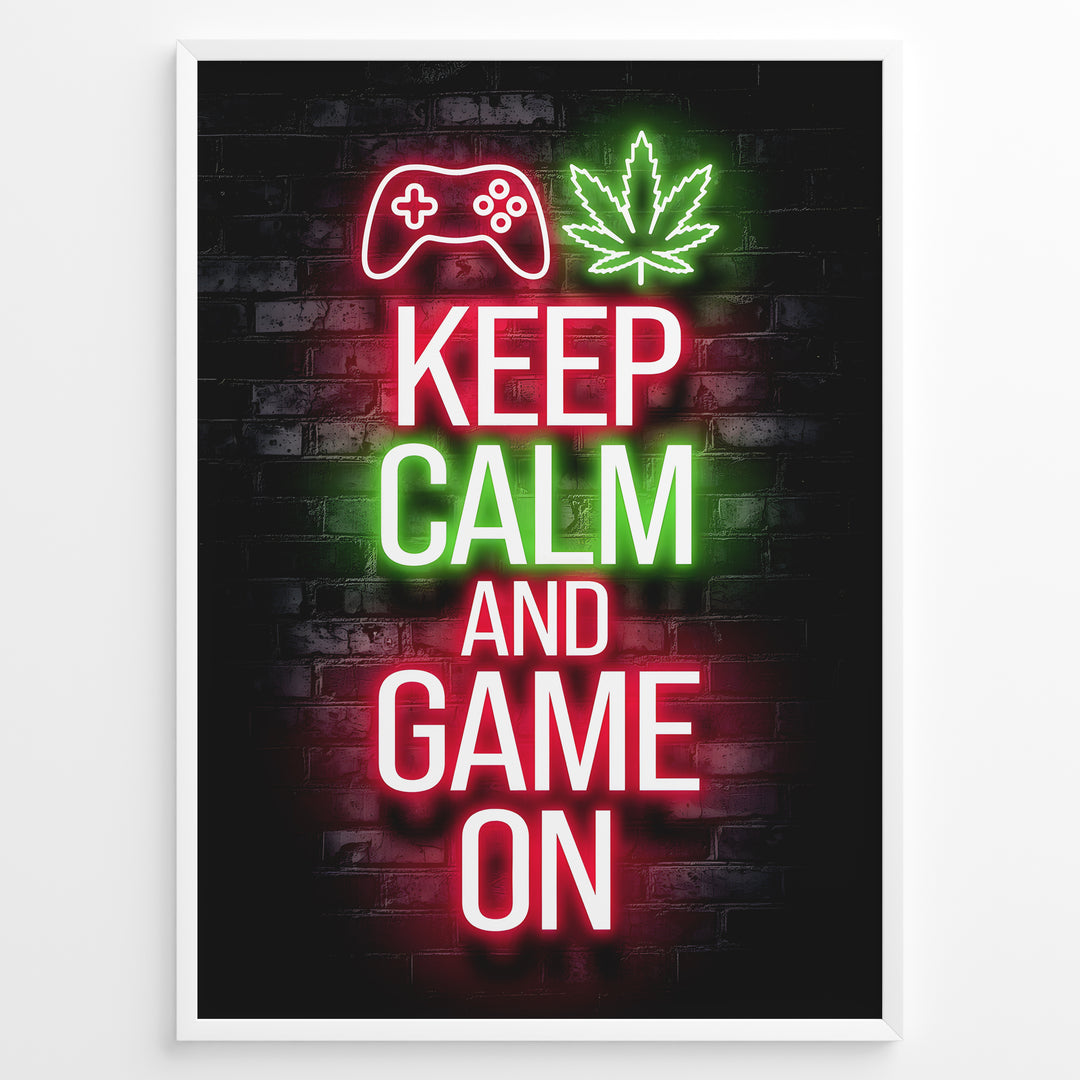 Keep Calm and Game On gaming plakat | Neon design med controller og blad – perfekt til gamer-rum