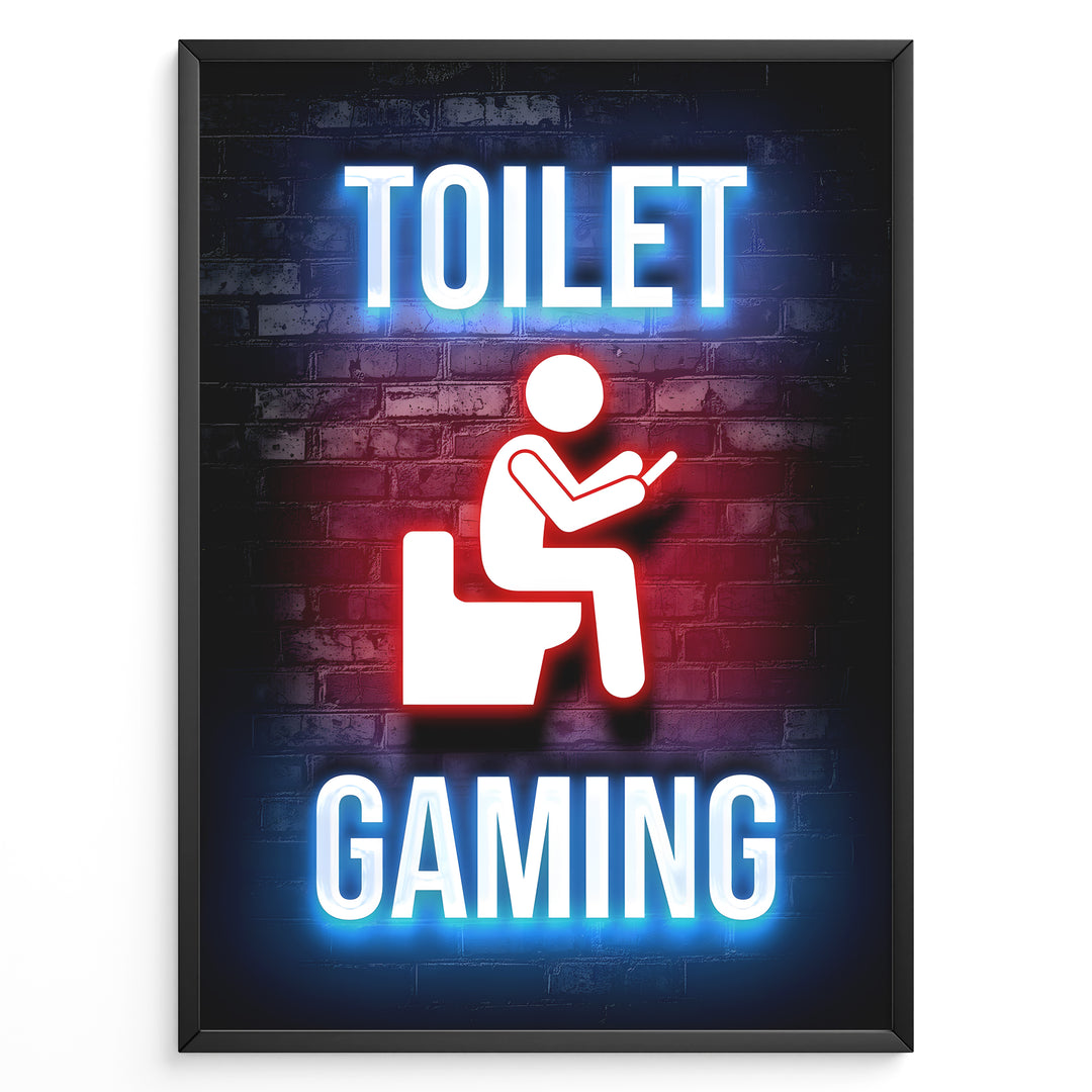 Toilet Gaming plakat | Neonmotiv af person på toilet med controller – sjov gamingkunst til badeværelset eller gamerhjørnet