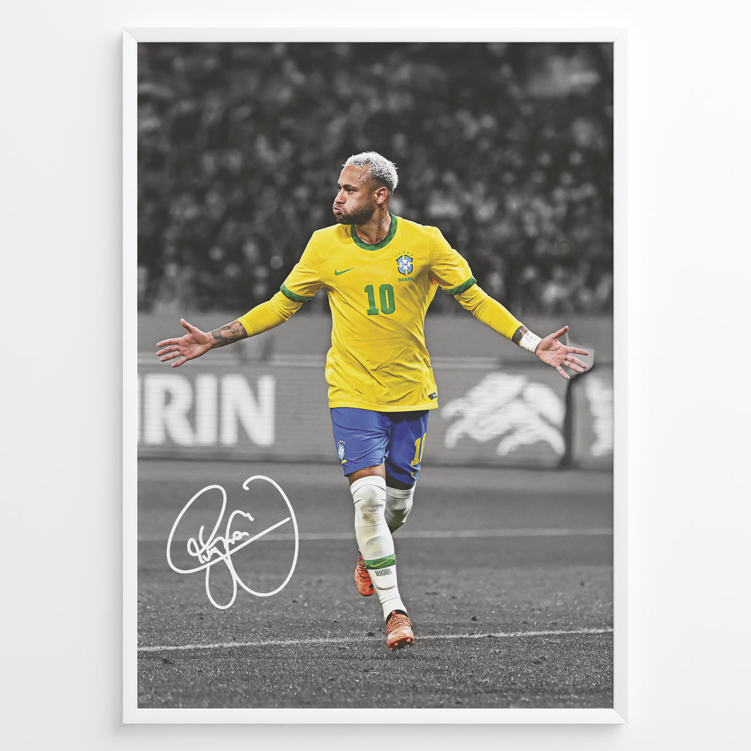 Framed plakat of Neymar Jr. celebrating in Brazil national team jersey with a black and white background and visible autograph