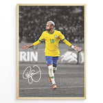Indlæs billede til gallerivisning Framed plakat of Neymar Jr. celebrating in Brazil national team jersey with a black and white background and visible autograph
