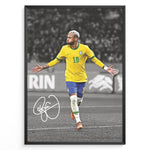 Indlæs billede til gallerivisning Framed plakat of Neymar Jr. celebrating in Brazil national team jersey with a black and white background and visible autograph
