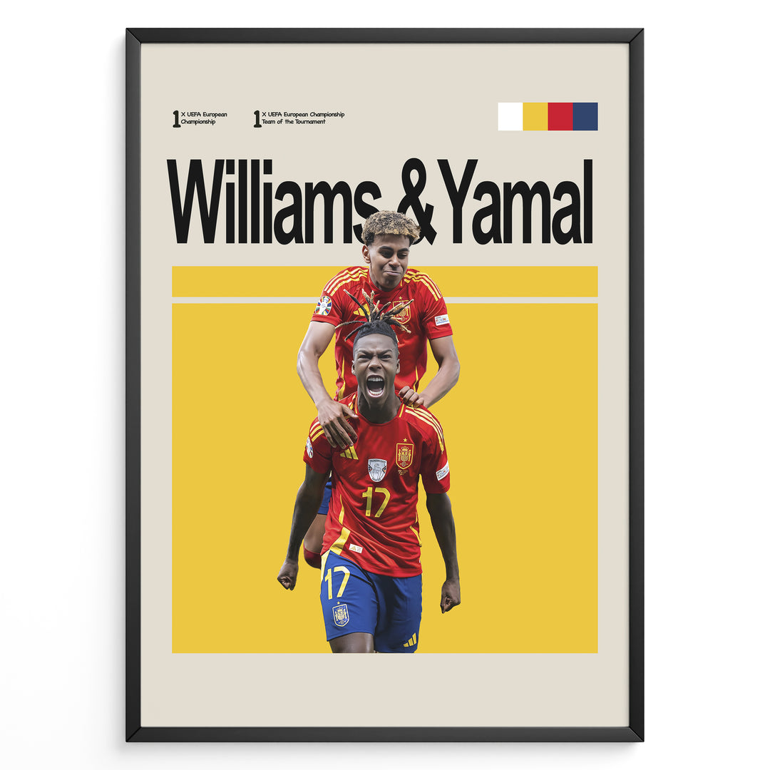 Williams & Yamal fodbold plakat | Spanien landsholdstrøjer i rød med ikonisk jubel – perfekt til fans af herrefodbold og La Roja