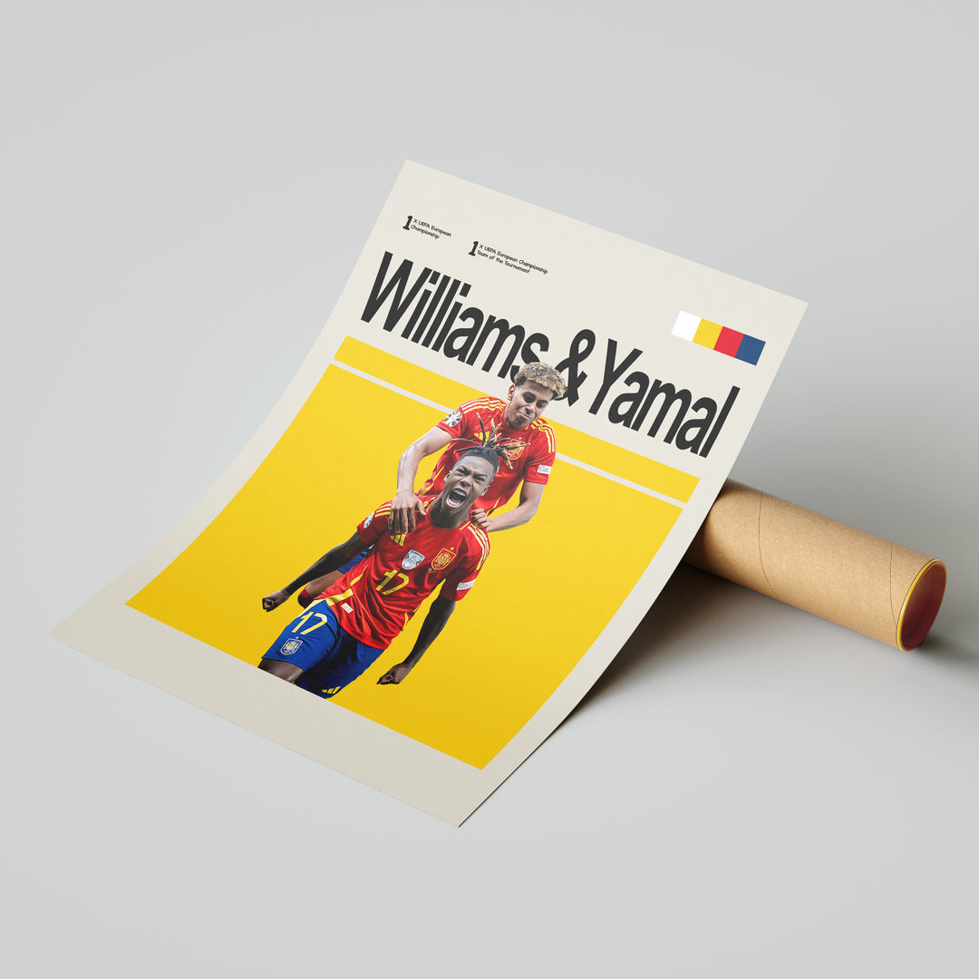 Williams & Yamal fodbold plakat | Spanien landsholdstrøjer i rød med ikonisk jubel – perfekt til fans af herrefodbold og La Roja