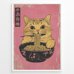 Indlæs billede til gallerivisning Japanske plakater | Illustration of a cute orange tabby cat eating ramen with chopsticks against a pink background in a Japanese pop art style.
