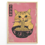 Indlæs billede til gallerivisning Japanske plakater | Illustration of a cute orange tabby cat eating ramen with chopsticks against a pink background in a Japanese pop art style.
