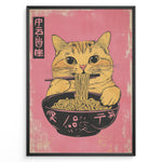 Indlæs billede til gallerivisning Japanske plakater | Illustration of a cute orange tabby cat eating ramen with chopsticks against a pink background in a Japanese pop art style.

