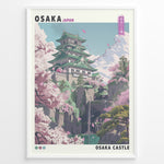 Indlæs billede til gallerivisning Japanske plakater | Colorful illustration of Osaka Castle in Japan, surrounded by cherry blossom trees, rocky cliffs, and a waterfall with distant mountains under a blue sky.
