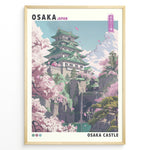 Indlæs billede til gallerivisning Japanske plakater | Colorful illustration of Osaka Castle in Japan, surrounded by cherry blossom trees, rocky cliffs, and a waterfall with distant mountains under a blue sky.
