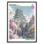 Indlæs billede til gallerivisning Japanske plakater | Colorful illustration of Osaka Castle in Japan, surrounded by cherry blossom trees, rocky cliffs, and a waterfall with distant mountains under a blue sky.
