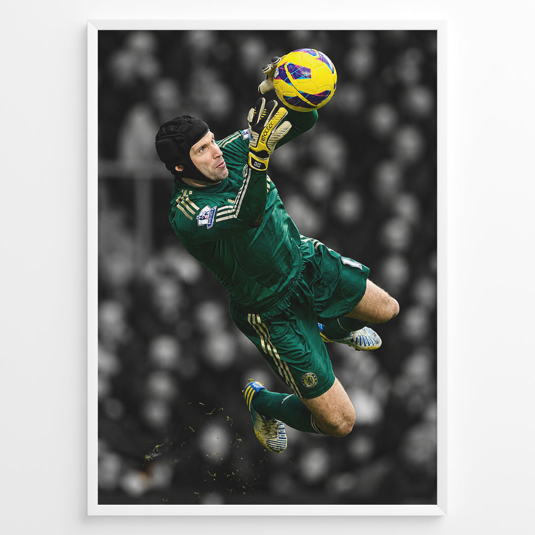 Petr Čech wearing a Chelsea goalkeeper kit and diving to save the football. The poster features a black and white stadium background with highlighted green and yellow colors.