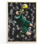 Indlæs billede til gallerivisning Petr Čech im Torwarttrikot des Chelsea FC bei einer spektakulären Parade. Der schwarz-weiße Stadionhintergrund hebt die grünen und gelben Farben des Motivs hervor.
