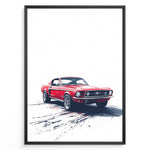Indlæs billede til gallerivisning Framed poster of a red classic Ford Mustang on a white background with dynamic tire marks below.
